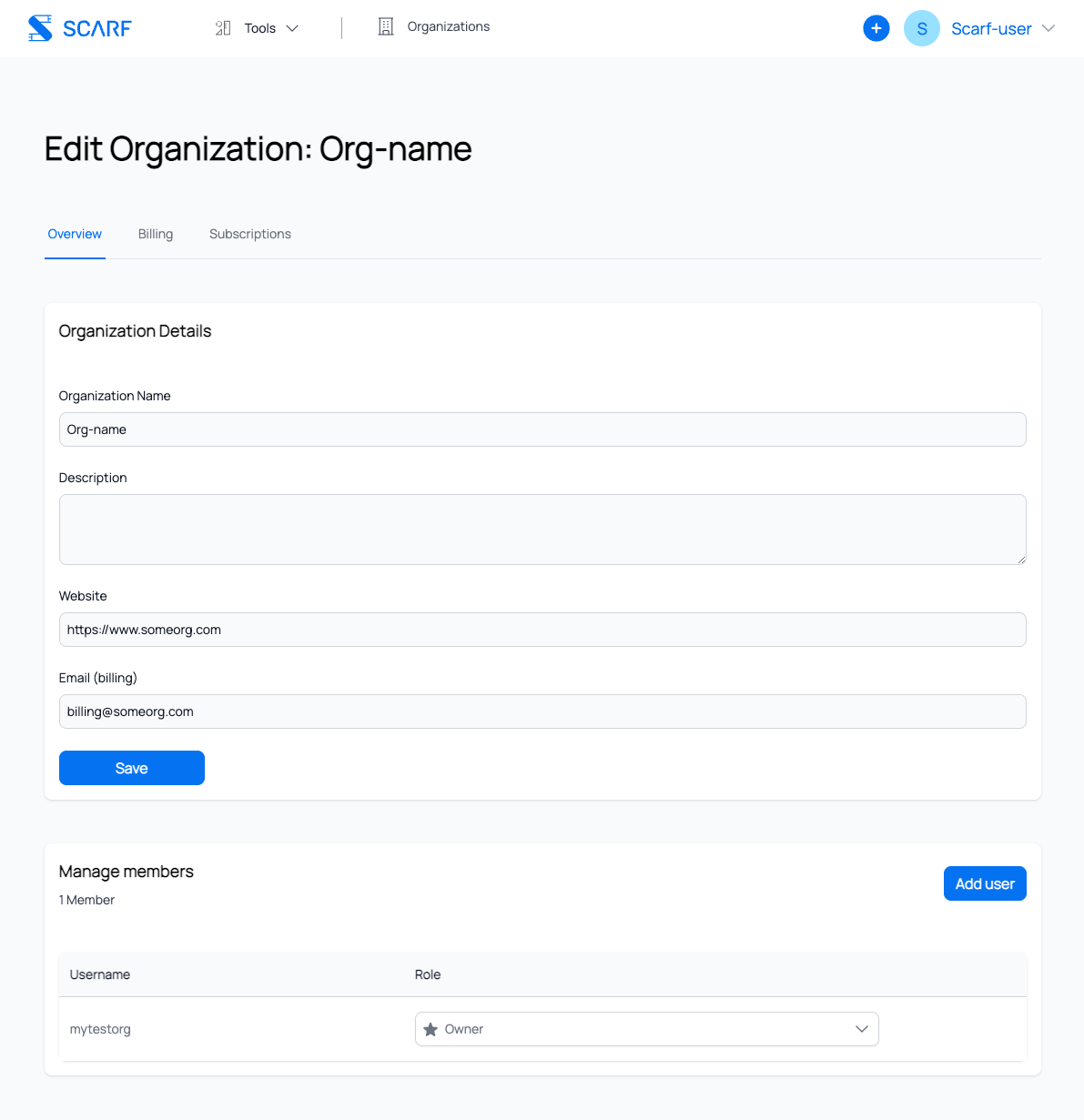 Organization page